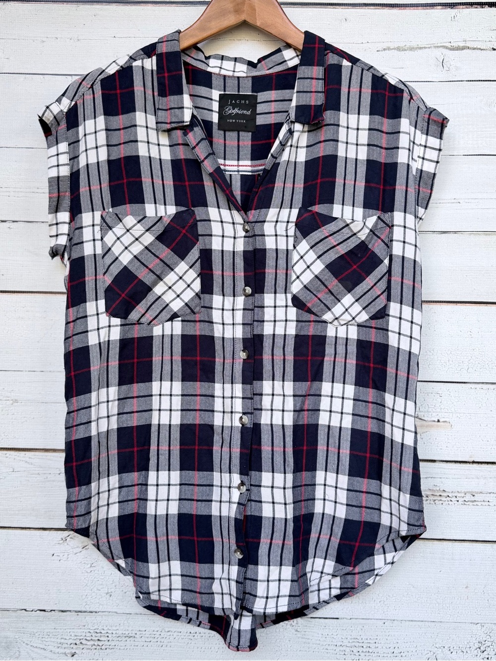 Jachs Girlfriend Plaid Cap Sleeve Button Down Shirt - Small